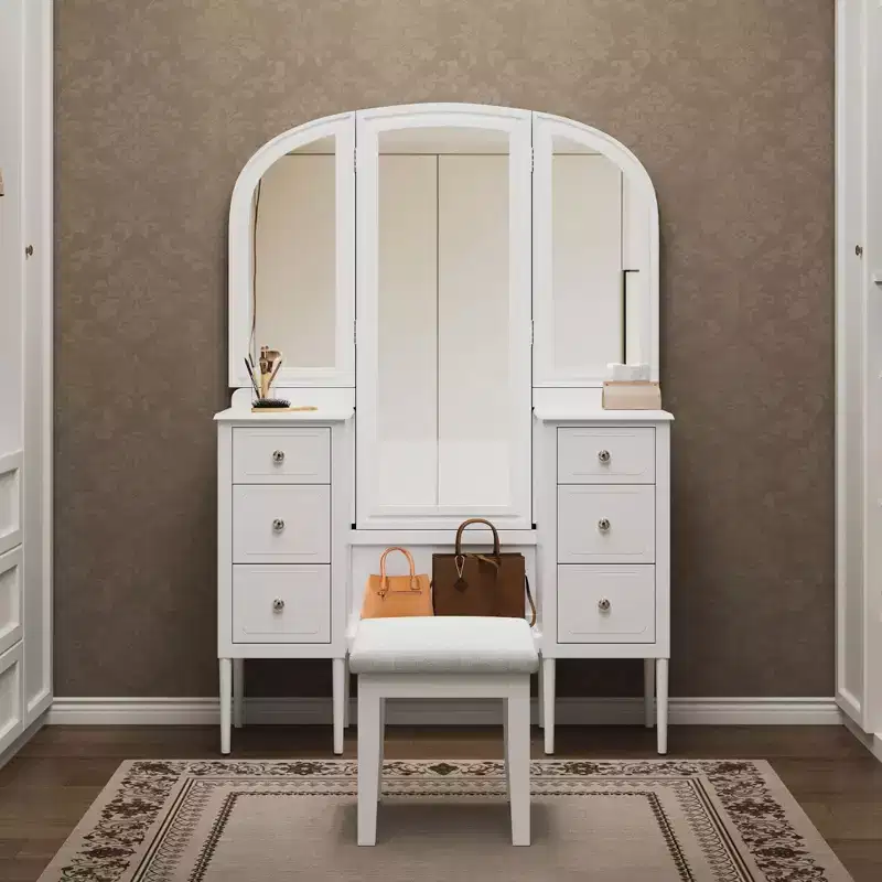 Okak Makeup Vanity with Full Length Mirror, Dressing Table with Stool and 6 Drawers, Makeup Desk for Living Room, Dressing Room, White