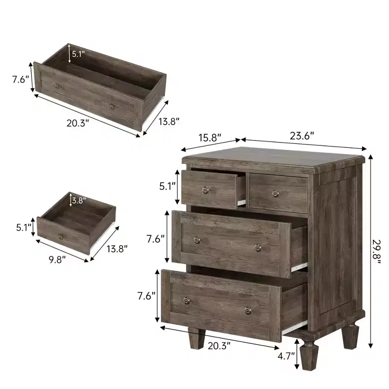 4-Drawer Wood Dresser for Bedroom Storage, Vintage Chest of Drawers Organizer with Tapered Legs & Carved Handles, Large Capacity