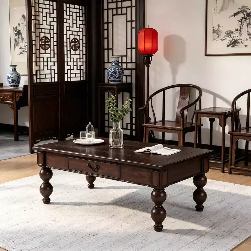 Rectangular Wooden Coffee Table with Storage Drawer, with Solid Wood Gourd-Shaped Legs for Living Room, Espresso