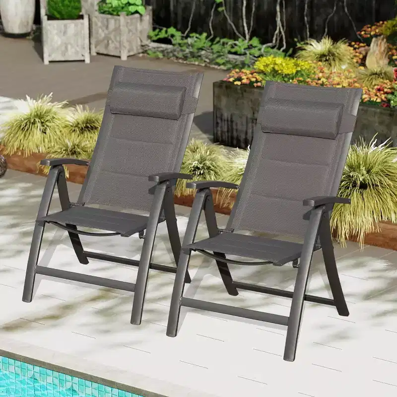 Clihome Patio Folding Chairs Set of 2 - Padded Textilene Adjustable Loungers