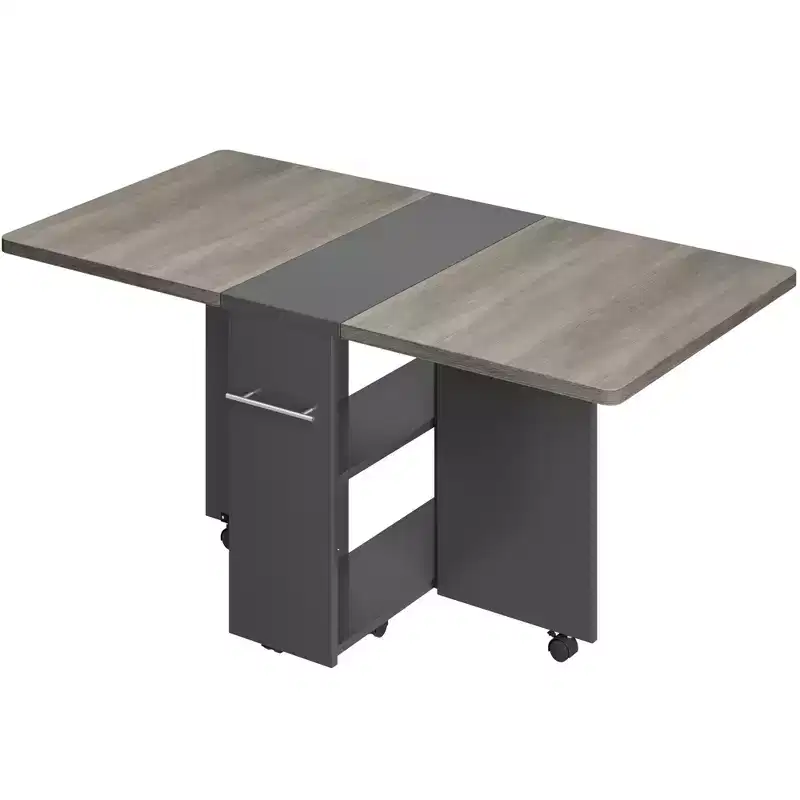 Foldable Drop-Leaf Dining Table with Storage Shelves and Wheels