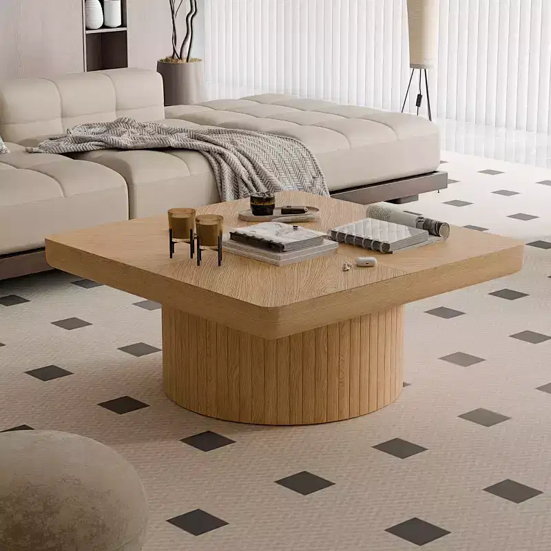 Square Coffee Table for Living Room, Wood Veneer Top with Parquet Pattern, Natural Wood