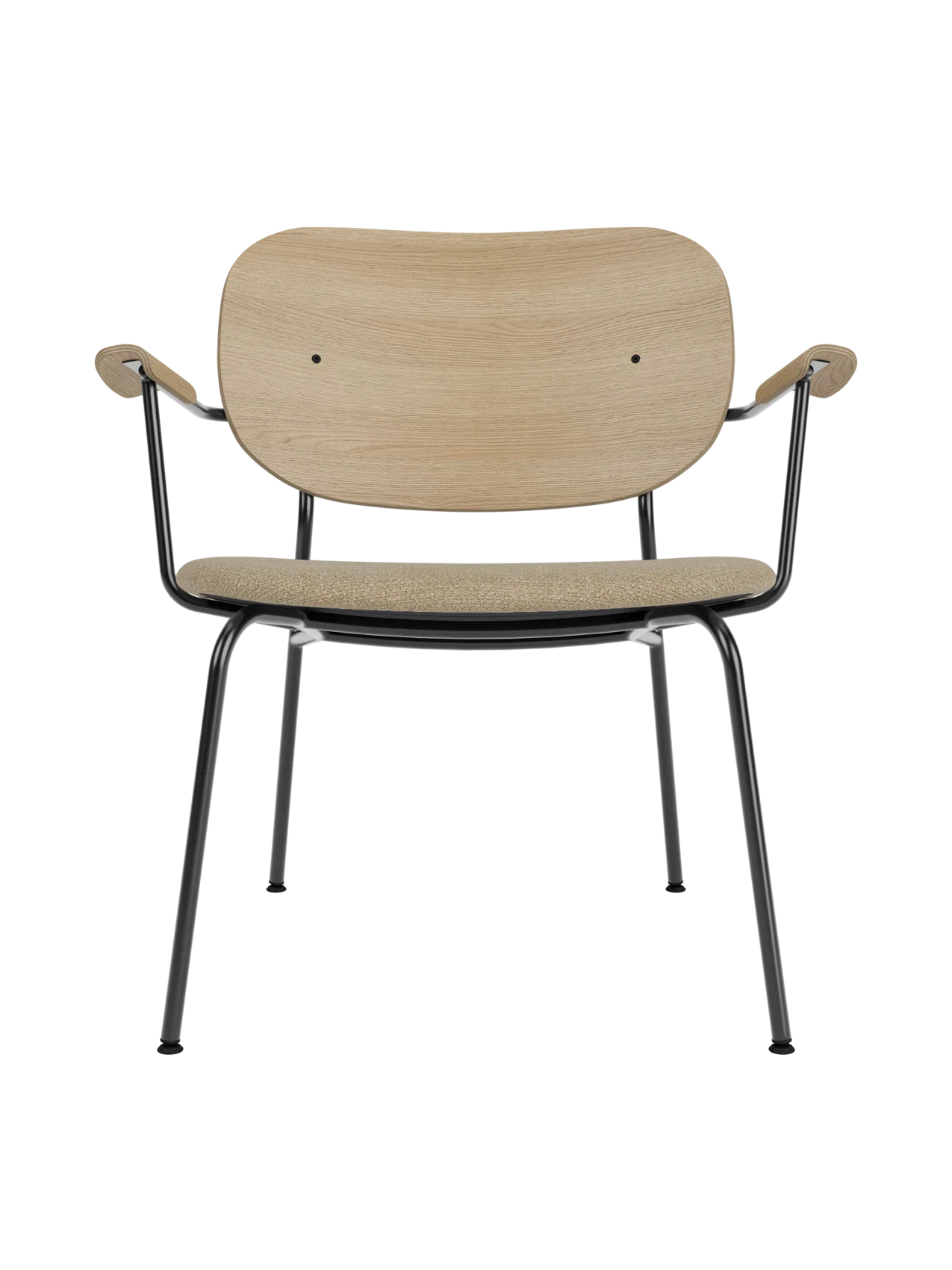 Lounge Chair, Upholstered Seat Veneer Back, Curved Armrests, Steel Frame