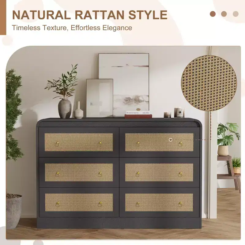 Arched 46 Wide Rattan Dresser - 6 Drawer Bedroom Dresser, Storage Chest for Living Room & Hallway, Mid-Century Inspired Wooden Chest of Drawers