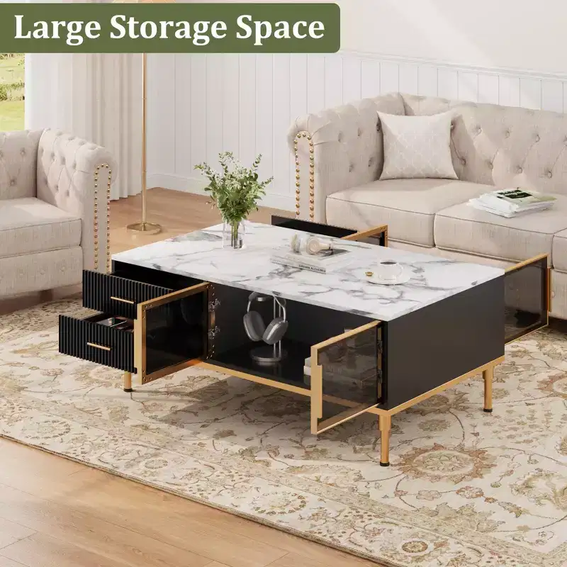 Faux Marble Coffee Table Modern - 4 Drawers & Glass Doors Storage, Sliding Cabinet + Hidden Compartment/Shelf for Living Room/Reception Room