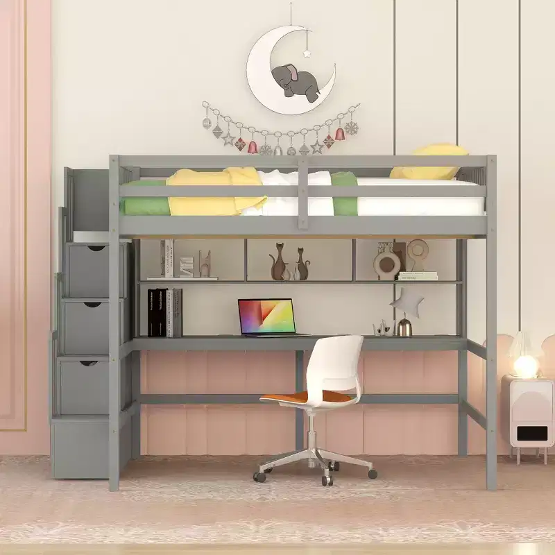 Full Size Loft Bed with Built-in Desk, Storage Shelves & Storage Staircase for Bedroom Gray
