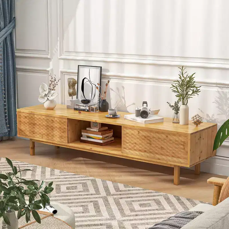 63-inch bamboo TV stand with 3 Storage Cubes Sliding Doors Mid Century Storage Cabinet