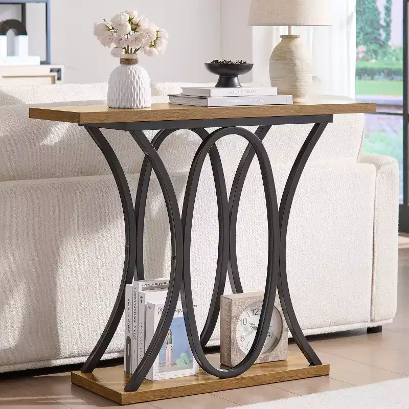 39.37 Sofa Table, Industrial 2-Tier Entryway Table with Metal Frame and 1.7 Thickened Top, Narrow Console Table Living Room, Hallway, Foyer