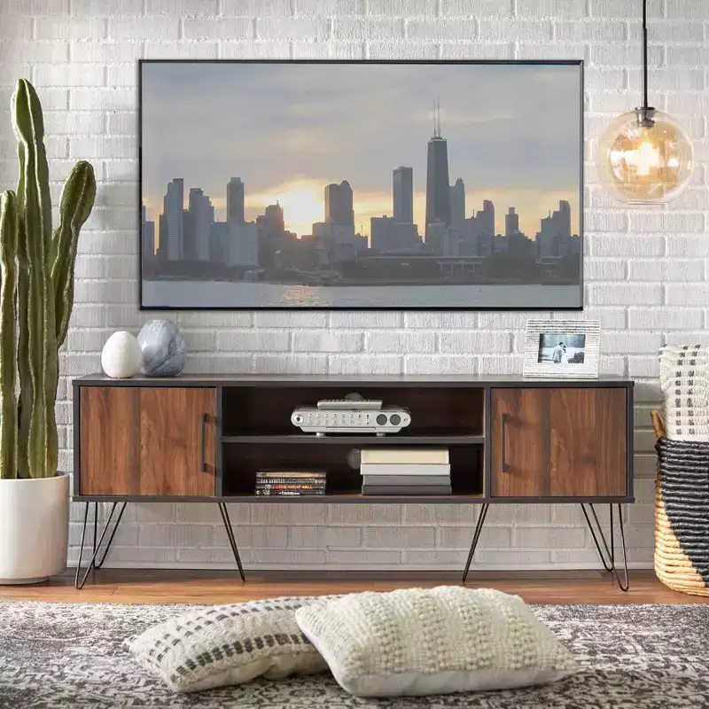Buylateral Vintage Living 2 Door TV Stand for TVs up to 55" Black/Walnut: Mid-Century Modern, Cable Management
