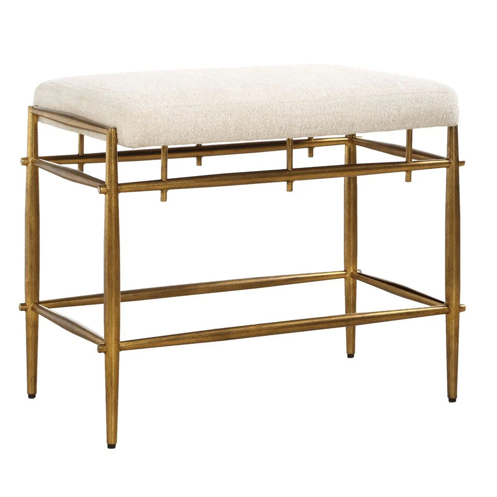 Antique Brass Fusiform Frame Ivory Chenille Small Bench