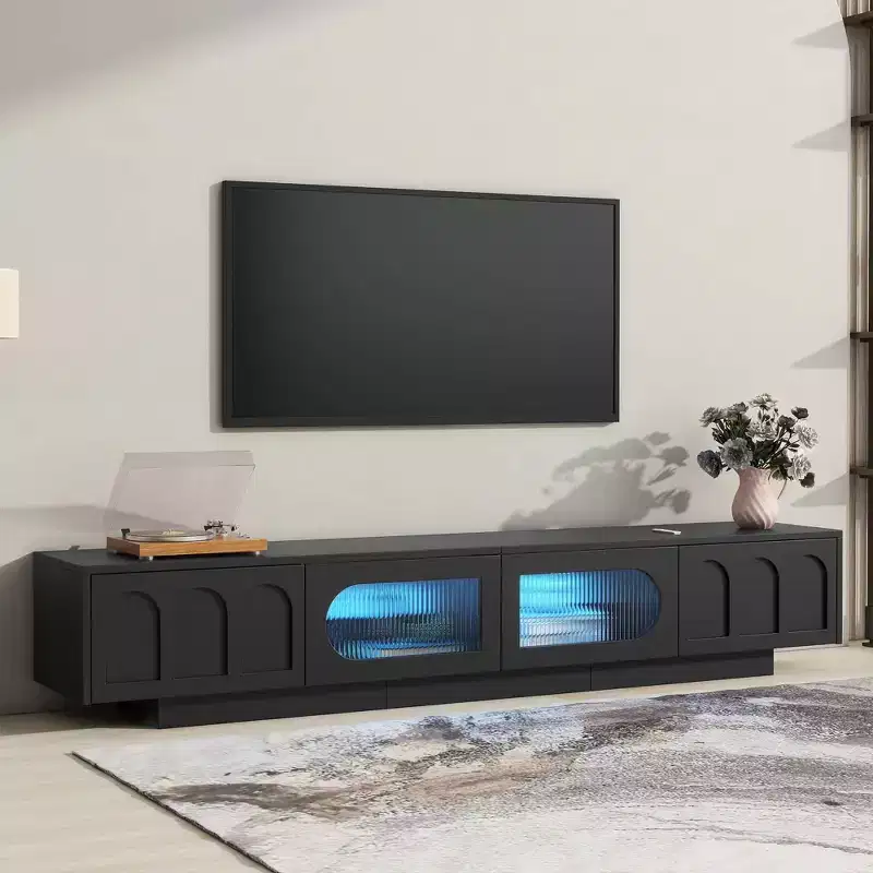 MAYEERTY White TV Stand with Fluted Glass Doors, APP LED Media Console for 95 TVs