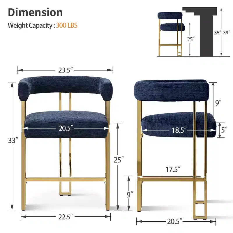 Set of 3 Counter Height Bar Stools with Backs and Arms, Modern Chenille Upholstered Kitchen Island Chairs with Gold Metal Legs - Panipeachy