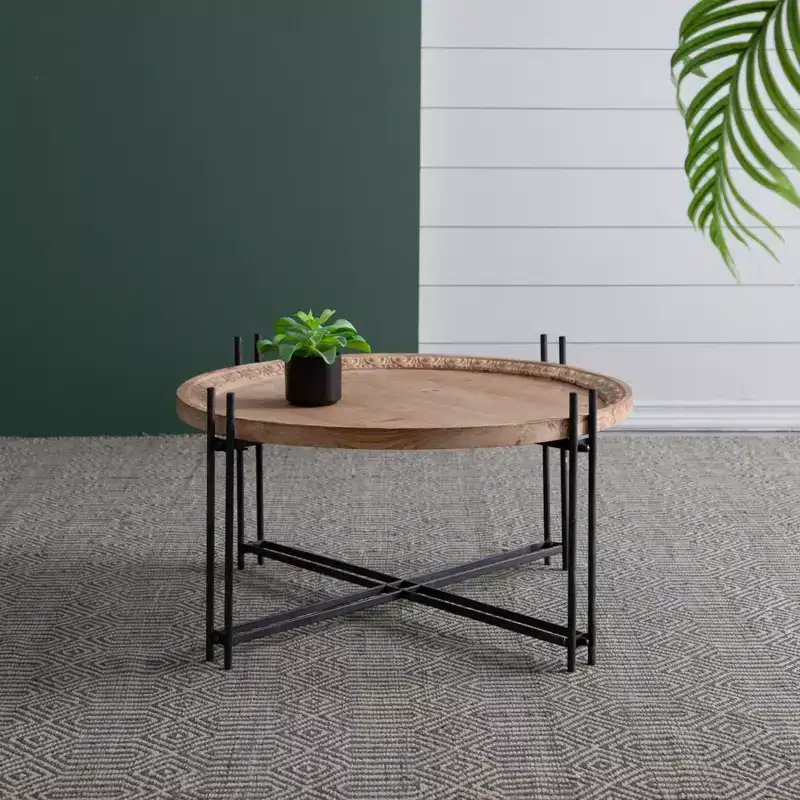 Farmhouse Fir Wood and Iron Round Coffee Table