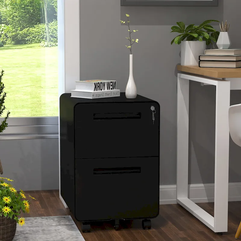 Black/White 2-Drawer Rolling Locking Steel File Cabinet for 1 Person