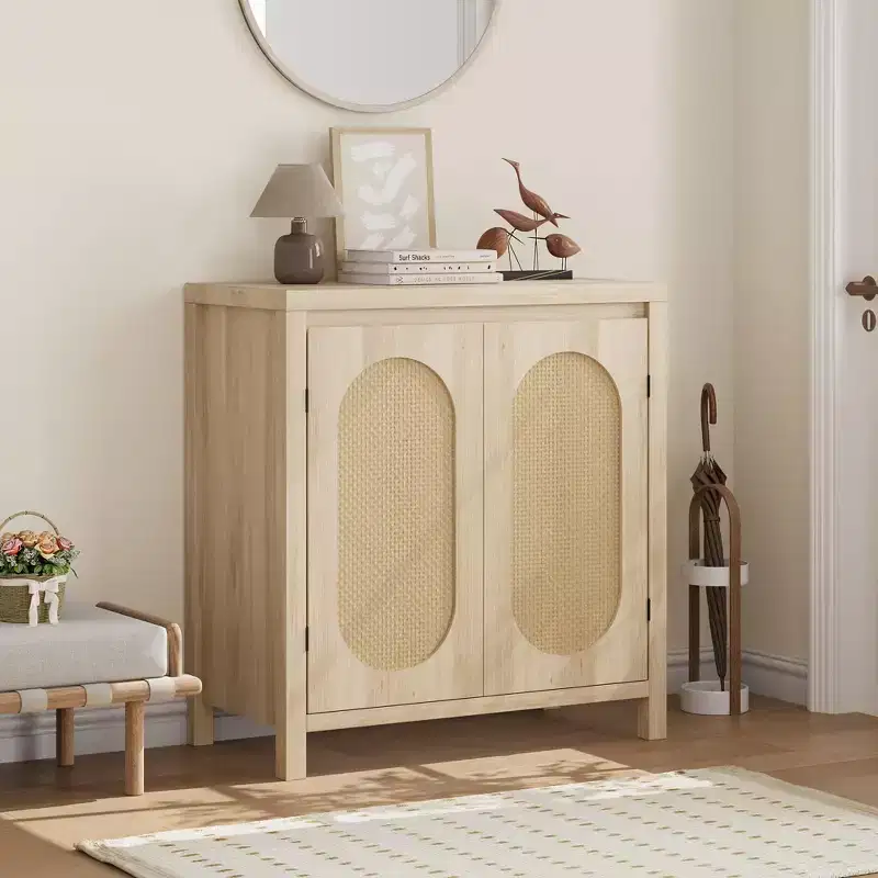 GustoWave Rattan Storage Cabinet with PVC Woven Doors, Wooden Sideboard Buffet with Adjustable Shelf, Wood Coffee Bar Cabinet