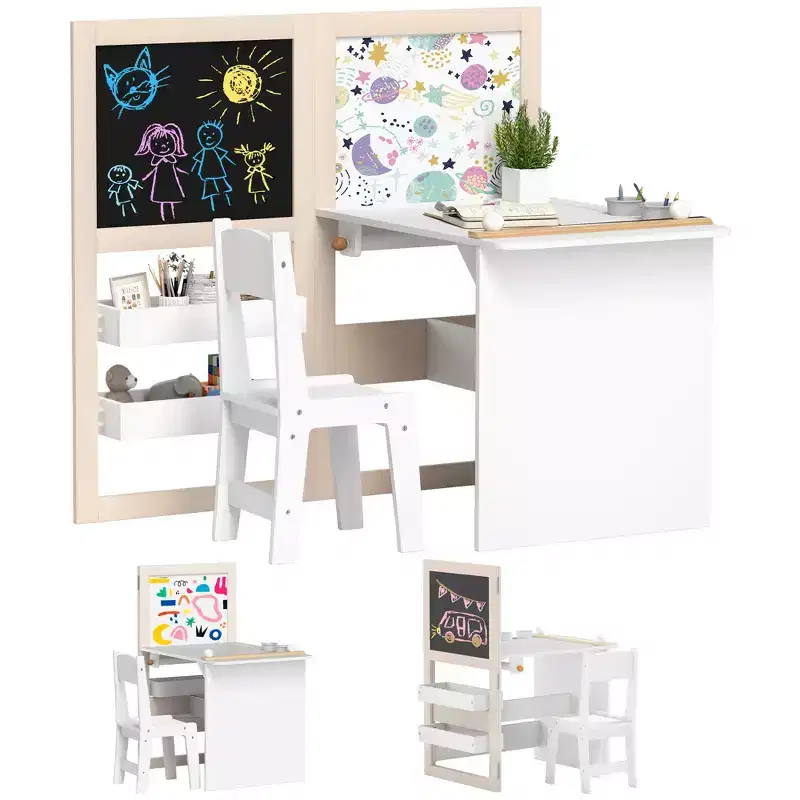 Qaba Kids Table and Chair Set, 3 in 1 Kids Art Table and Chair Set with Storage Shelves, Blackboard, Whiteboard, Roll Paper, for 3-8 Years, White