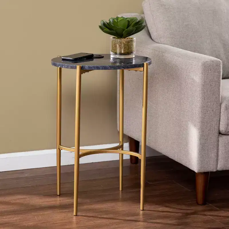 Gold and Black Side Table with Built-In Wireless Charging Station