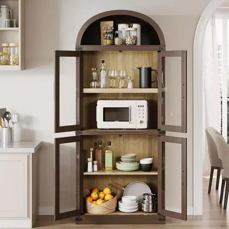 72'' Arched Bookcase with Glass Doors, 6-Tier Wooden Storage Cabinet for Living Room, Kitchen or Office, Farmhouse Style Display Shelves