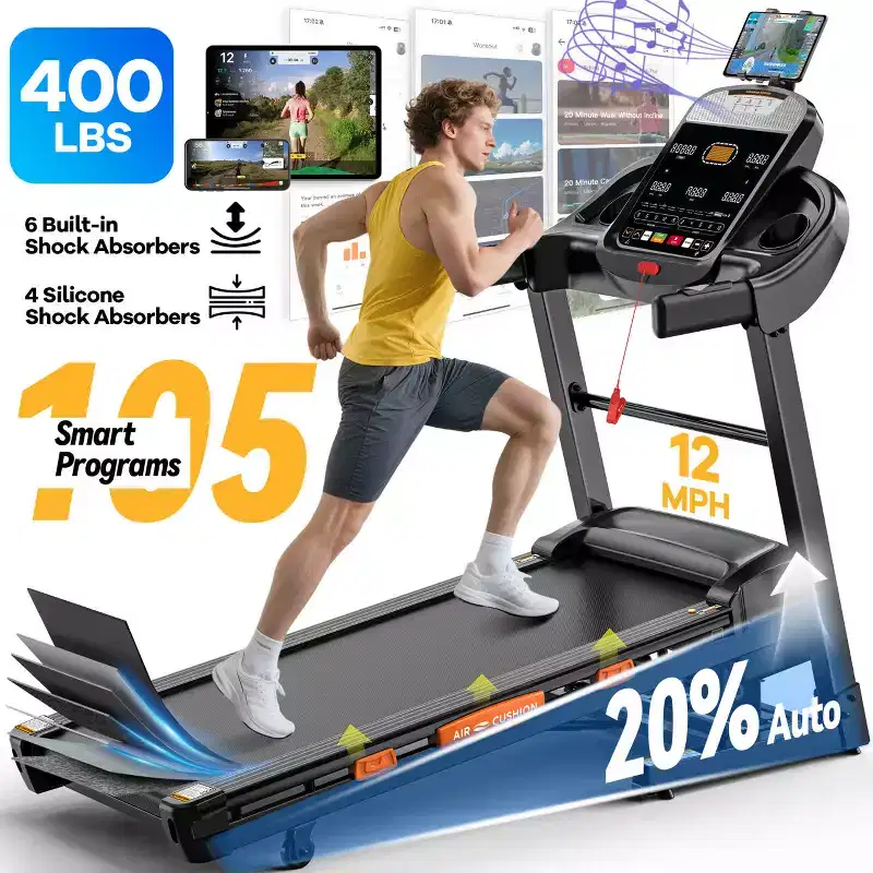 Foldable Treadmill w/ 20% Incline,12MPH Fast Speed 5.1HP Treadmill w/105 Programs for Home Running Walking,400LBS Treadmill APP Connected,Wider Belt