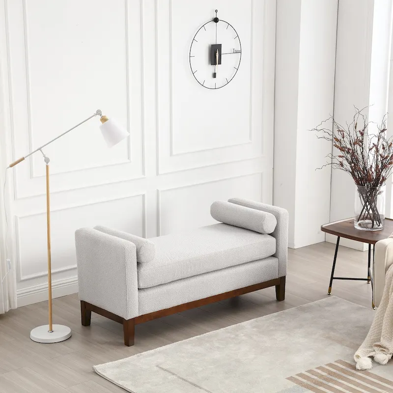 53.5W Elegant Boucle Upholstered Bench, Ottoman with Wood Legs & Bolster Pillows