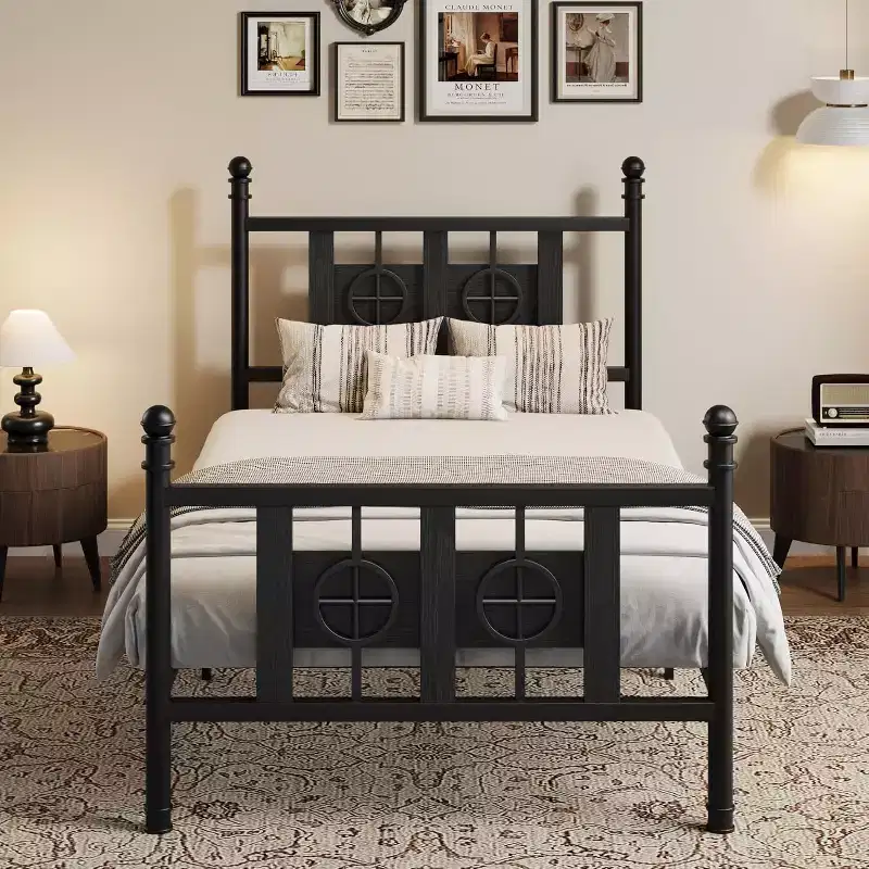Bed Frame with Vintage Headboard & Footboard, Metal Frame with Under Bed Storage, No Box Spring Needed