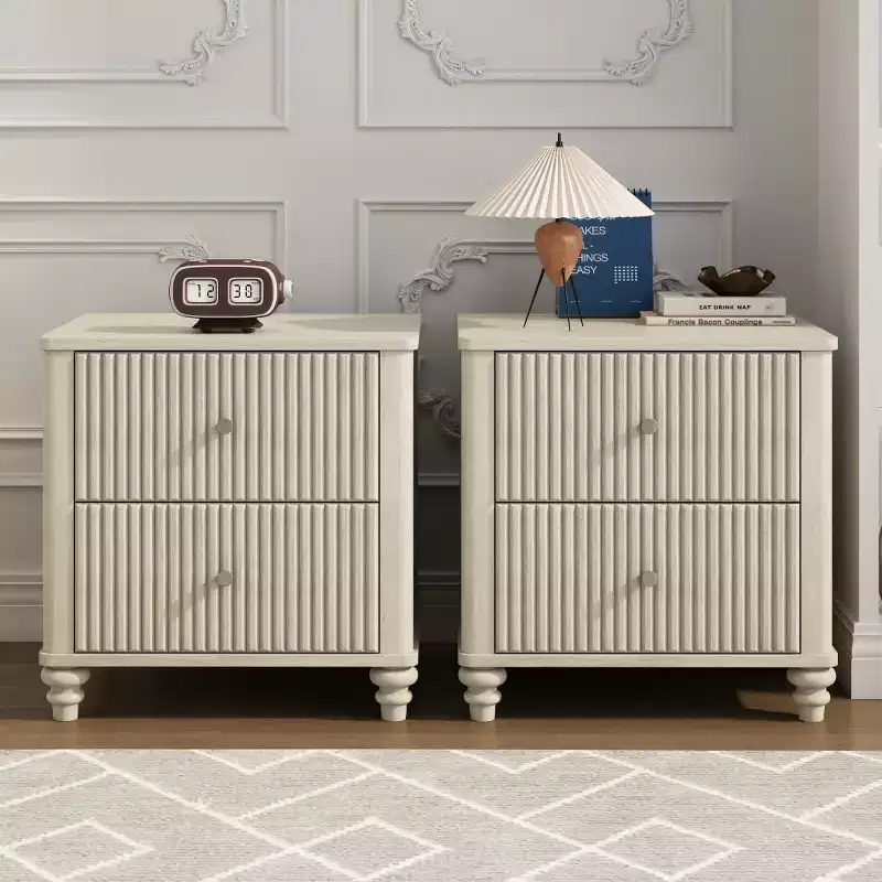 Set of 2 Fluted Nightstands, 22 Mid-Century Modern Bedside Tables with 3 Drawers & Solid Wood Legs - Panipeachy