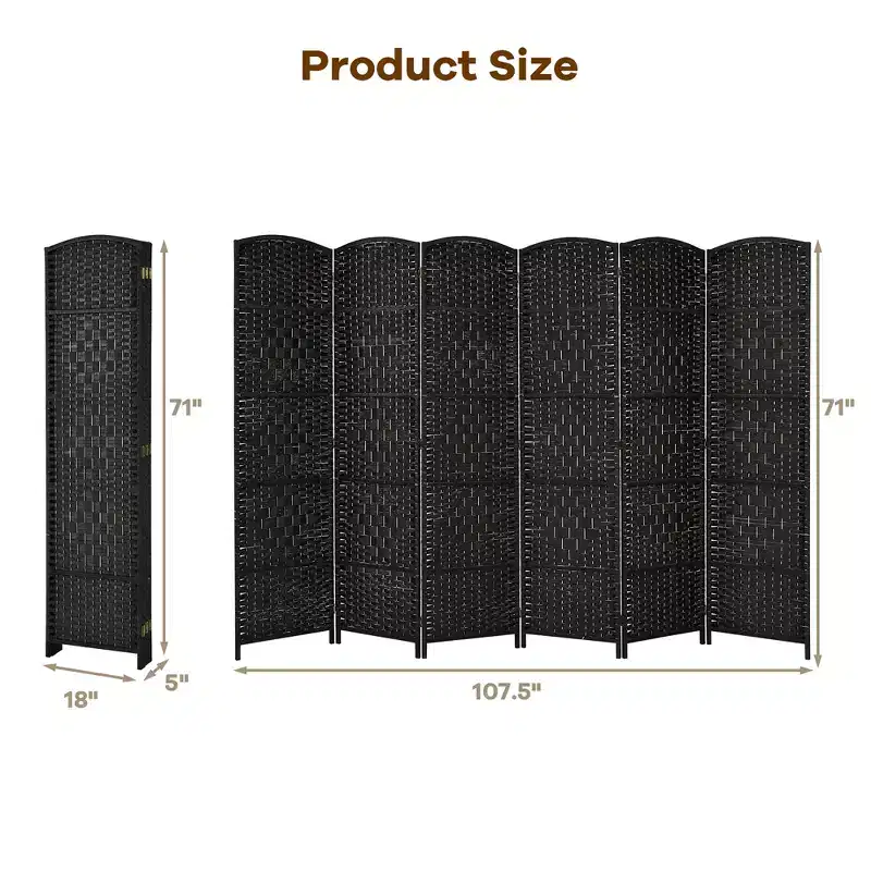 Costway 6-Panel Room Divider 6Ft Weave Fiber Folding Privacy Screen Brown\Black