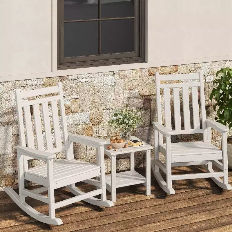 HDPE Rocking Chair Outdoor Set of 2 with Side Table - Poly High Back Porch Rocker Chairs for Adults - All Weather Resistant Furniture for Patio