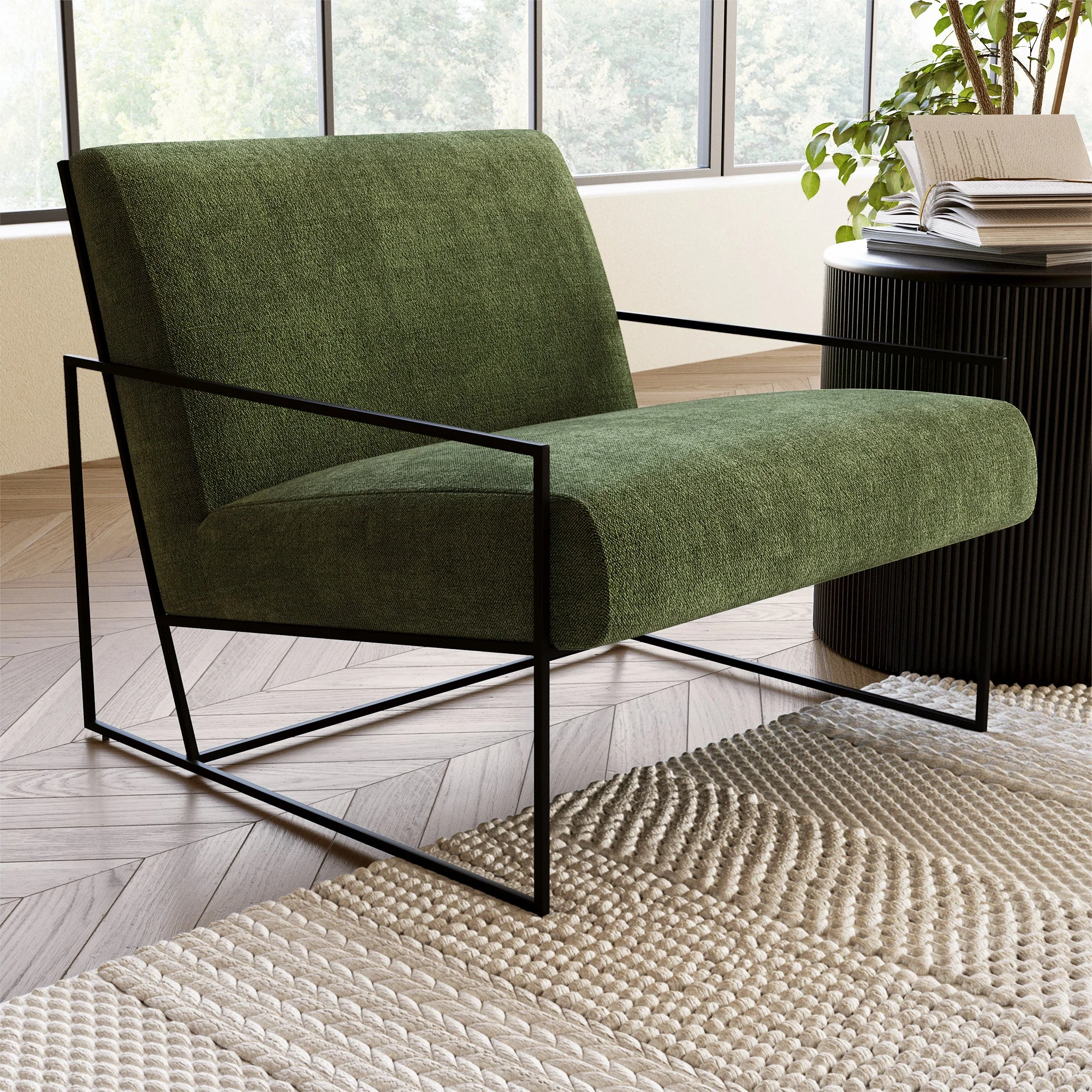 Modern Distressed Green Fabric Lounge Chair with Kiln-Dried Wood Frame
