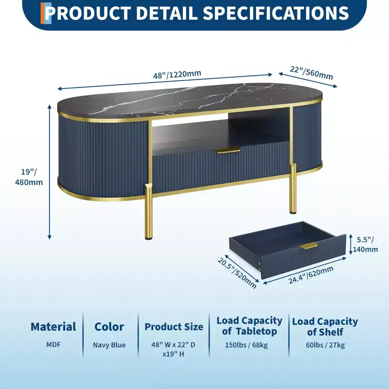 Round Wave Pattern Coffee TableCoffee Table with Drawer, for Living Room, Gold Metal Legs,