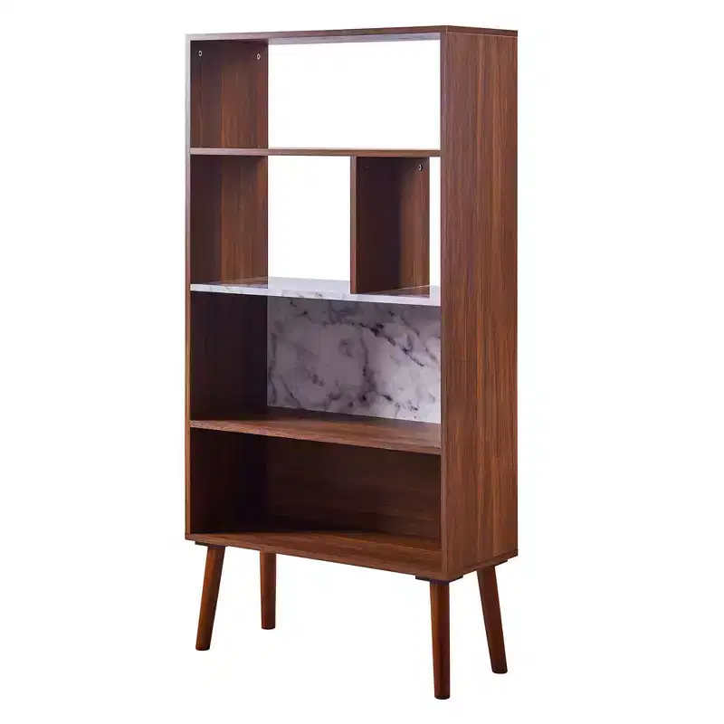 58" Bookshelf with Faux Marble Top Solid Wood Leg Walnut: Mid-Century Storage, 4 Open Shelves