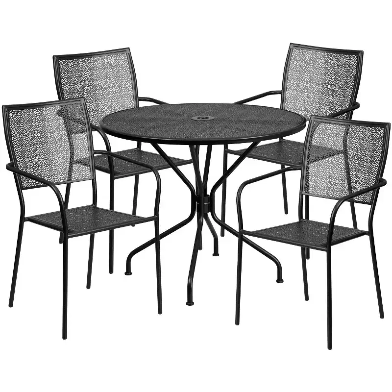 Emma and Oliver Commercial Grade 35.25 Round Metal Garden Patio Table Set, 4 Square Back Chairs
