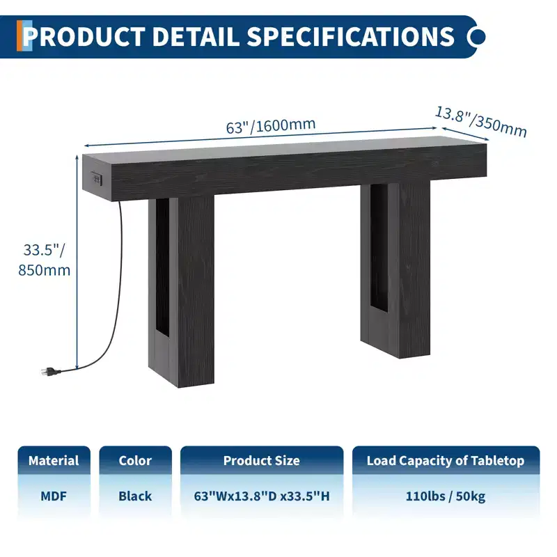 Sofa Console Table with Power Outlet, USB & Type-C Charging Ports, Extra Long Narrow Table for Entryway Hallway & Living Room