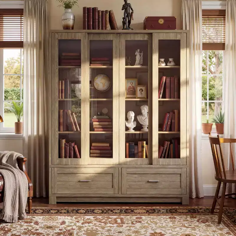 Famapy Light Oak-Grain Display Bookcase: 63W,Sliding Glass Doors + Drawer Storage  Spacious Organizer for Home Libraries & Living Rooms