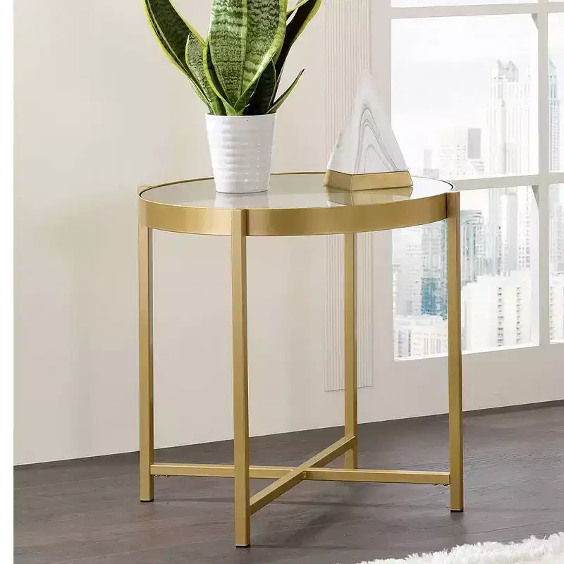 Clear Glass Top Accent Table with Gold Finish Metal Base, Modern Living Room Side Table