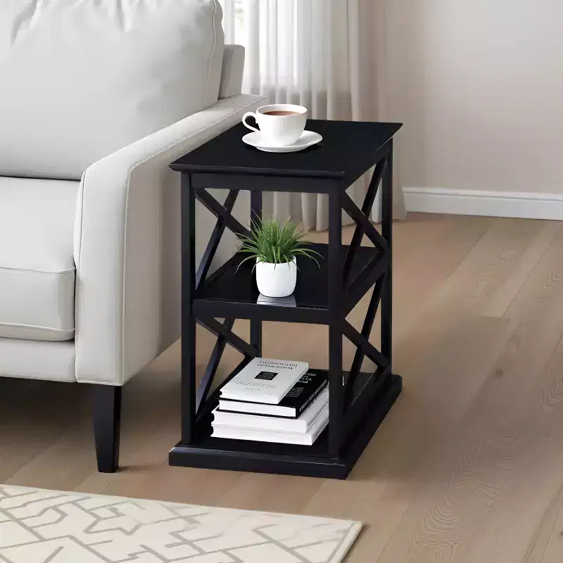 Chairside End Table with Double X Frame and Three-Tier Shelving – 25