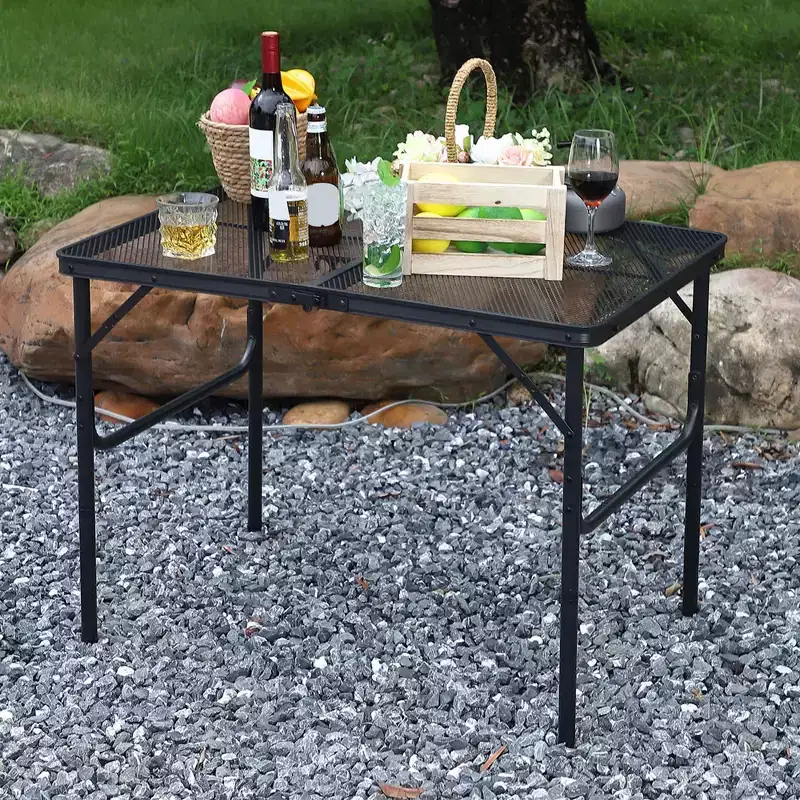 3x2FT Folding Grill Table, Portable Camping Table with Mesh Desktop, Height Adjustable Lightweight Metal Grill Table for Outdoor Camping, BBQ, Picnic
