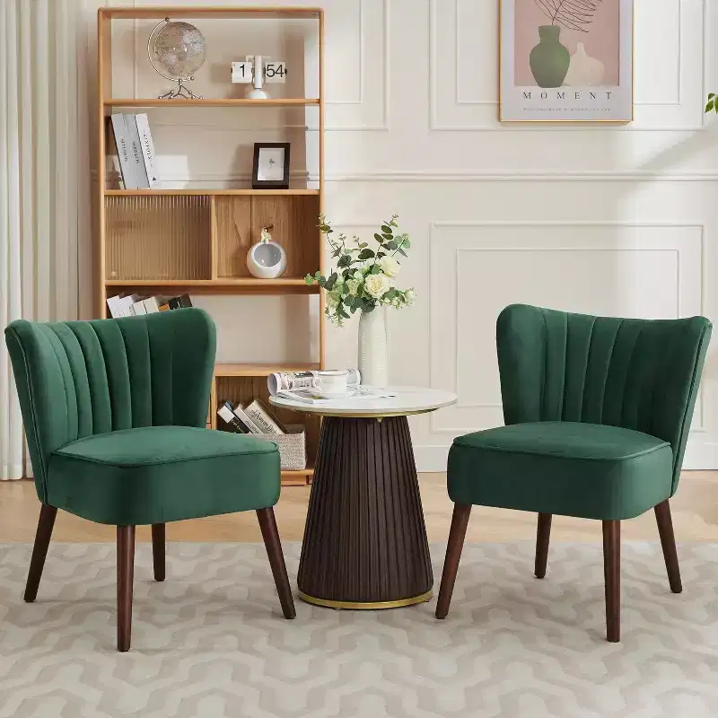 Velvet Accent Chair, Modern Wingback Lounge Chair with Wood Legs, Channel Tufted for Living Room and Bedroom
