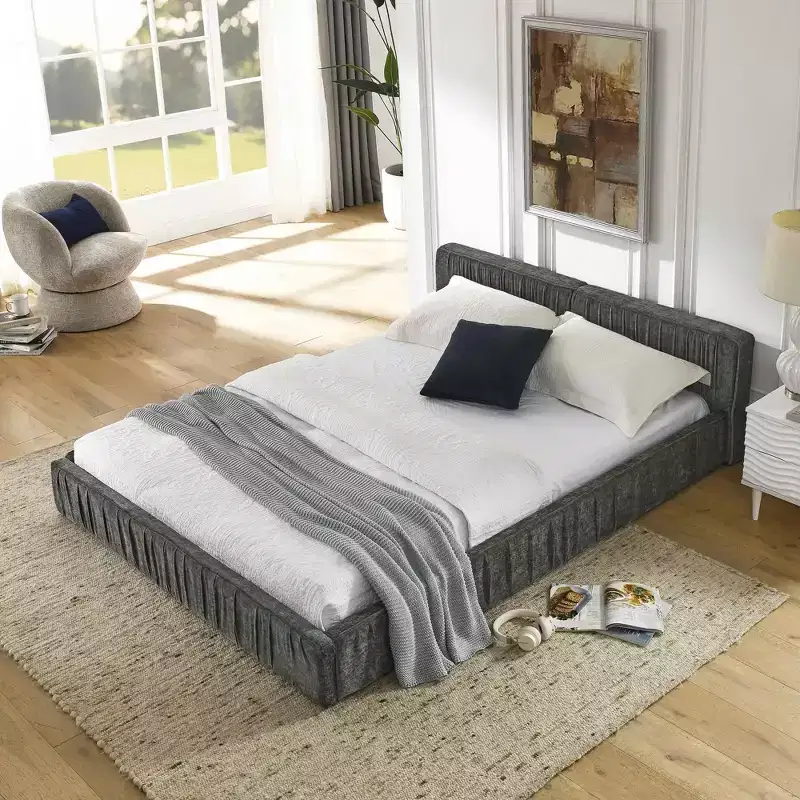 MAYEERTY Queen Size Upholstered Bed Frame with Chenille Fabric with Pleated Headboard Solid Frame for Bedroom Gray
