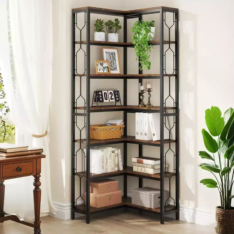 Lantine 7-Tier Corner Shelf, 78.7 Tall Bookshelf with Storage, Corner Bookcase, Display Shelf for Living Room, Bed Room, Home Office (Brown)