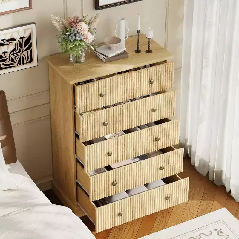 COZONY 45 Tall 5 Drawer Tall Dresser for Bedroom, Fluted Vertical Wood Chest with Metal Handles, Space Saving Storage for Apartment or Guest Room