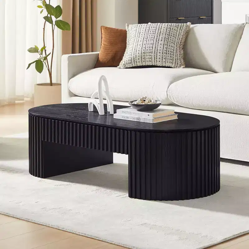 Modern Wooden Oval Pedestal Coffee Table with Drawer & Handcrafted Relief