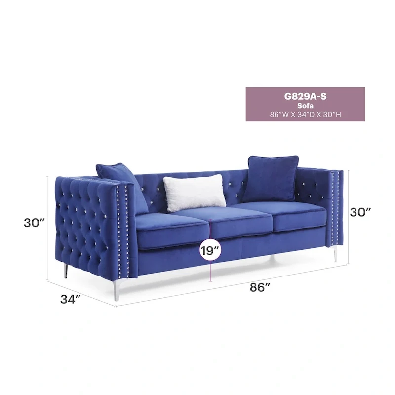 Paige 86 in. Tufted Velvet 3-Seater Sofa with 2-Throw Pillow - 86L x 34W x 30H