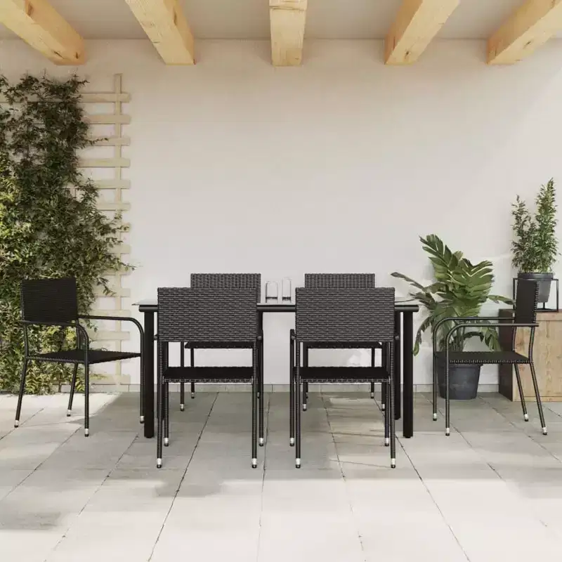 vidaXL Garden Dining Set Black Steel, PE Rattan Standard Stackable - Black 63 Table Length 6 Items