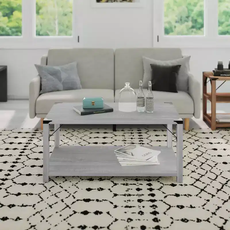 Engineered Wood Modern Farmhouse Coffee Table with Metal Accents