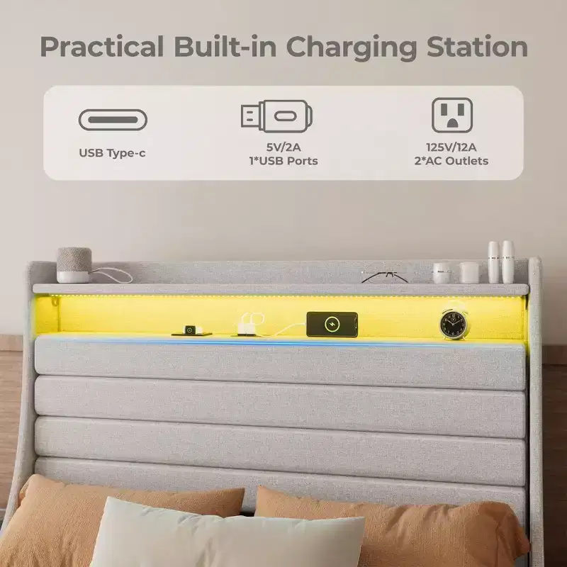 Full Size Bed Frame, Storage Headboard with Charging Station & LED Lights, with Upholstered Headboard, No Box Spring Needed, Easy Assembly, Beige