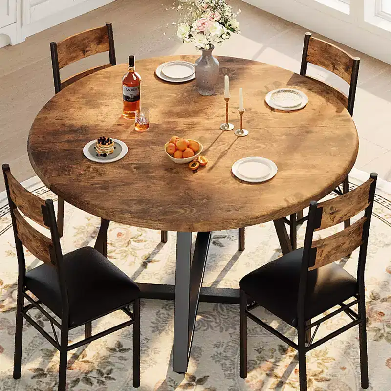 Round Dining Table Set for 4, 5 Piece Circle Wooden Kitchen Dinner Table & Chairs Set for 4, w/ 4 Unpholster Chairs, Sturdy Thick Frame