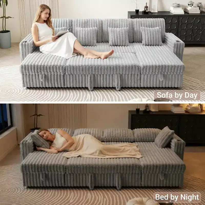 MooxvMoo 124 U-Shaped Sleeper Sofa with Storage,Oversized Convertible Couch Featuring Pull-Out Bed,Adjustable Backrest,USB Ports & Cup Holders,Gray