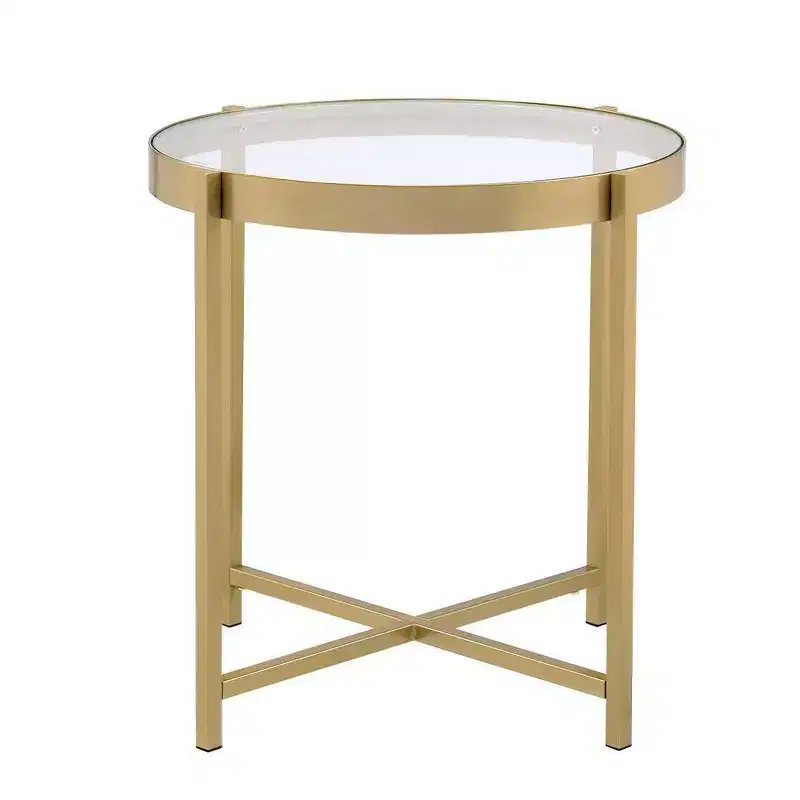 Clear Glass Top Accent Table with Gold Finish Metal Base, Modern Living Room Side Table