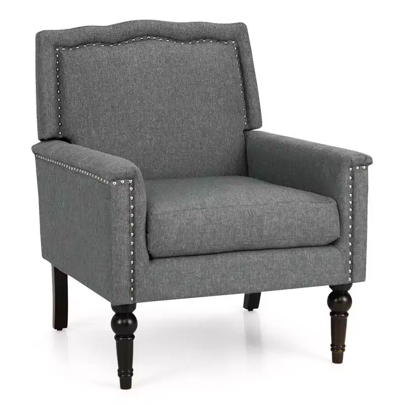 Grey Mid-Century Armchair, Single, Linen & Rubber Wood